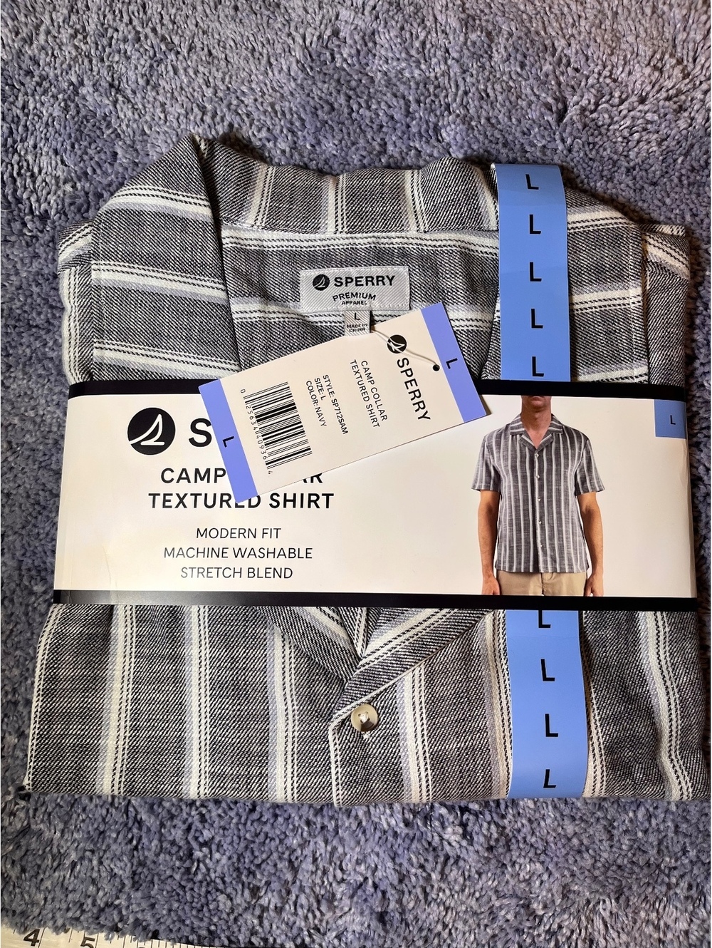 Sperry Men's Camp Collar Textured Shirt, Modern Fit, Navy Striped, Size Large